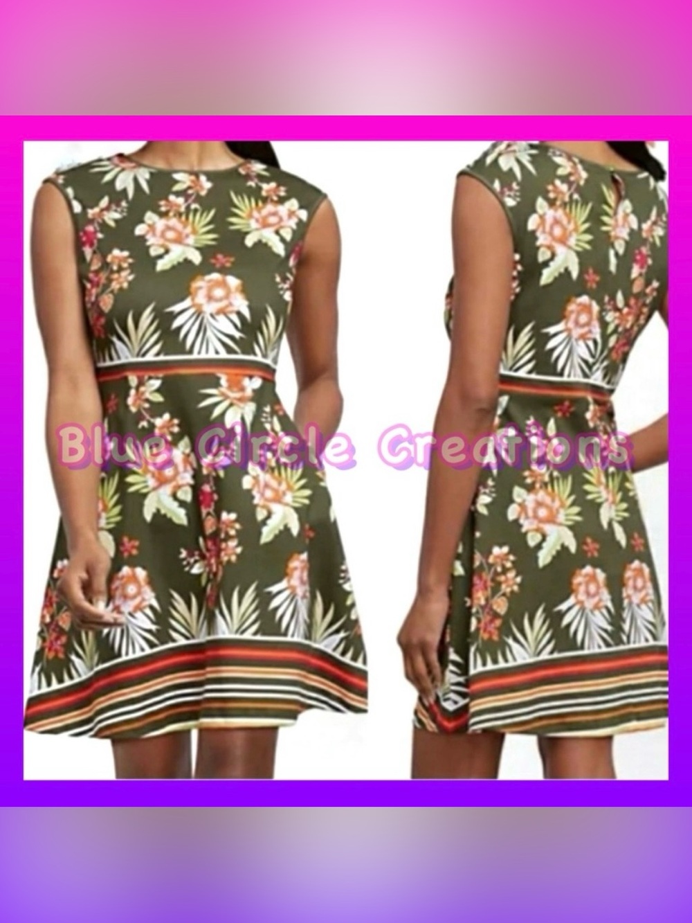 New York & Company Fit and Flare Dress Sleeveless Green Floral Striped Cotton S